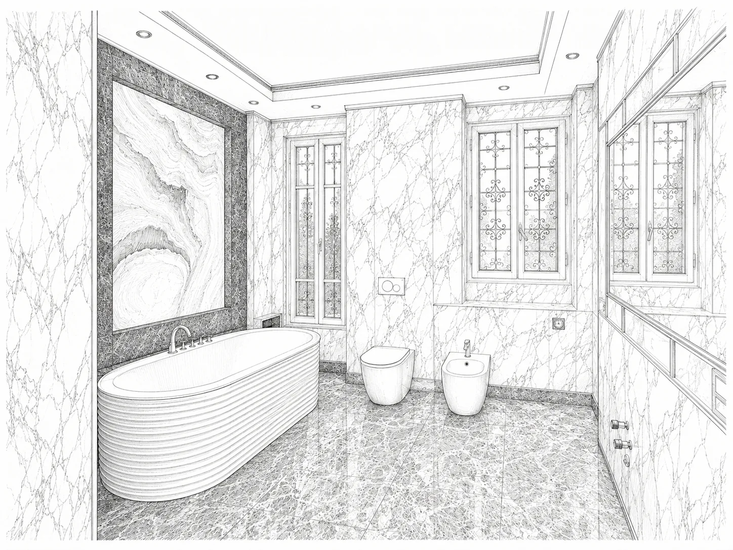 Luxury Calacatta marble bathroom with freestanding bath and backlit onyx panel, Cap d'Antibes